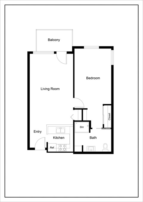 Floor plan for 1 bed, 1 bath, 600 sqft